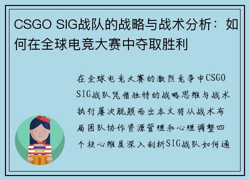 CSGO SIG战队的战略与战术分析：如何在全球电竞大赛中夺取胜利