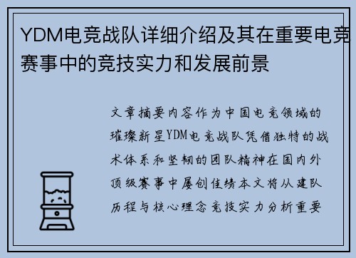 YDM电竞战队详细介绍及其在重要电竞赛事中的竞技实力和发展前景