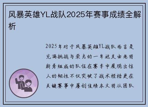 风暴英雄YL战队2025年赛事成绩全解析